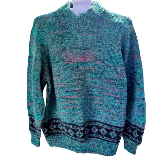 Vintage 90's Fair isle Chunky knit Green-Black Retro Fisherman Mock Neck Sweater - Picture 1 of 7